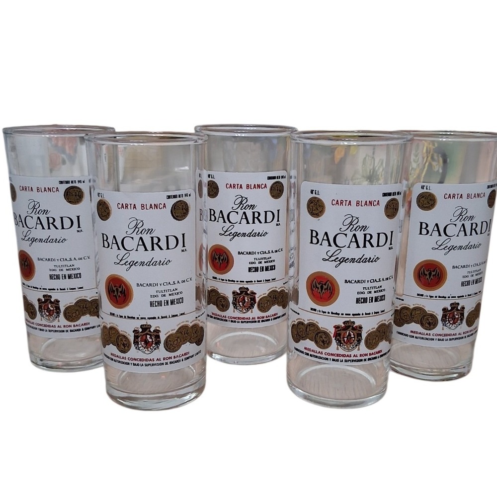 Vintage Bacardi Carta Blanca Legendario Highball 8oz Glasses Tumblers‎ Set Of 5